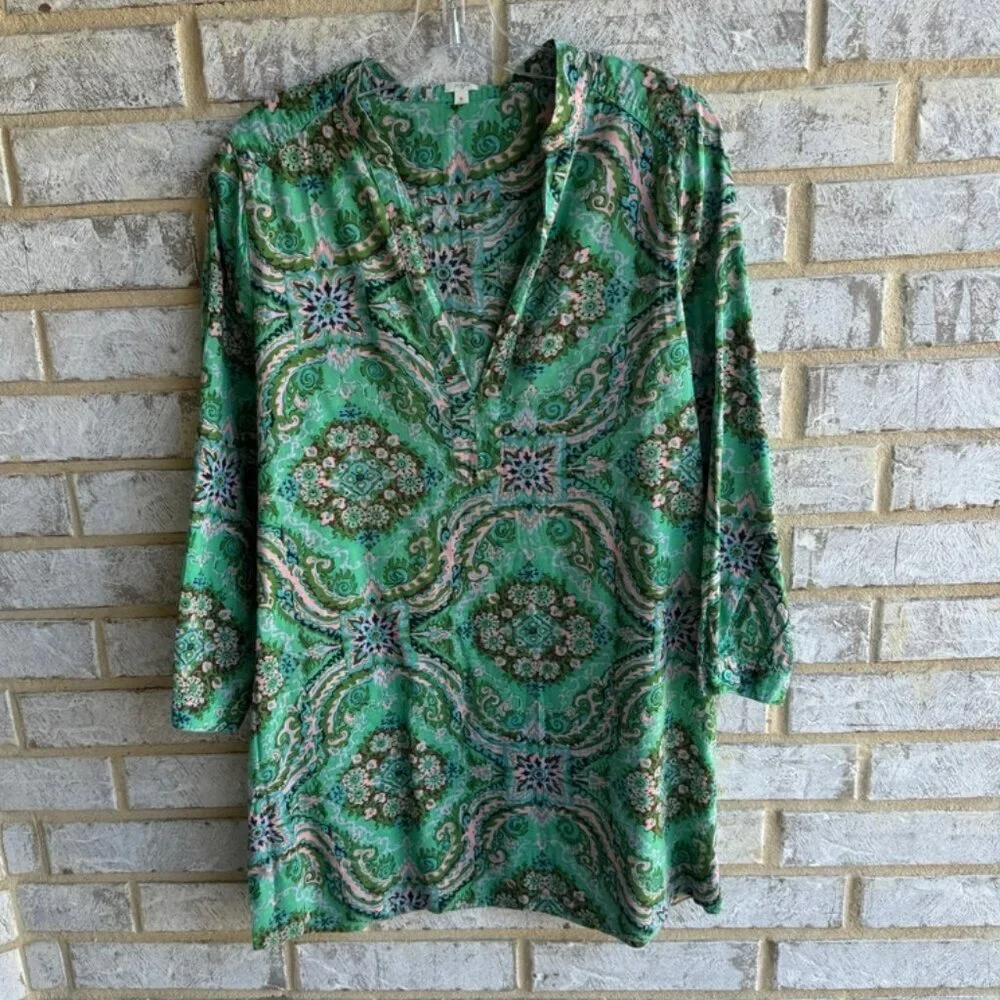 J. Crew Green Printed 100% Cotton 3/4 Sleeve Midi Dress Women's Size S.